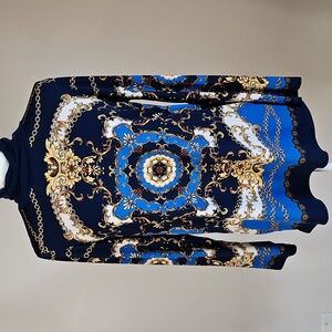 Susan Graver Mock Neck Top Liquid Knit Medallion Blue Black Print Sleeves SM